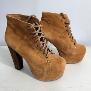 Jeffrey Campbell Lita Platform Boots Womens 6M Tan Suede Lace Up Wood Block Heel